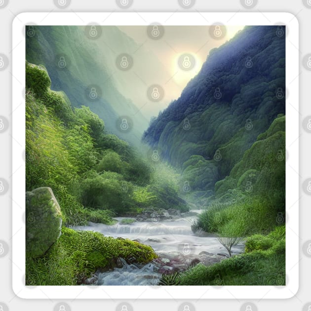 Beautiful Digital Painting With a Running River Near Mountains Sticker by Promen Art